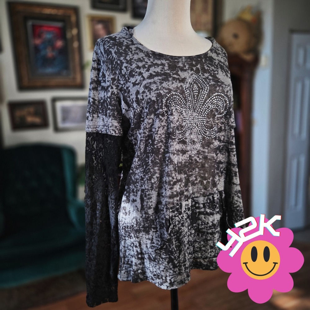Lady Noiz Hoodie Top 2XL Gray Black Lace Sleeve Fleur De Lis Vintage Y2K Burnout
